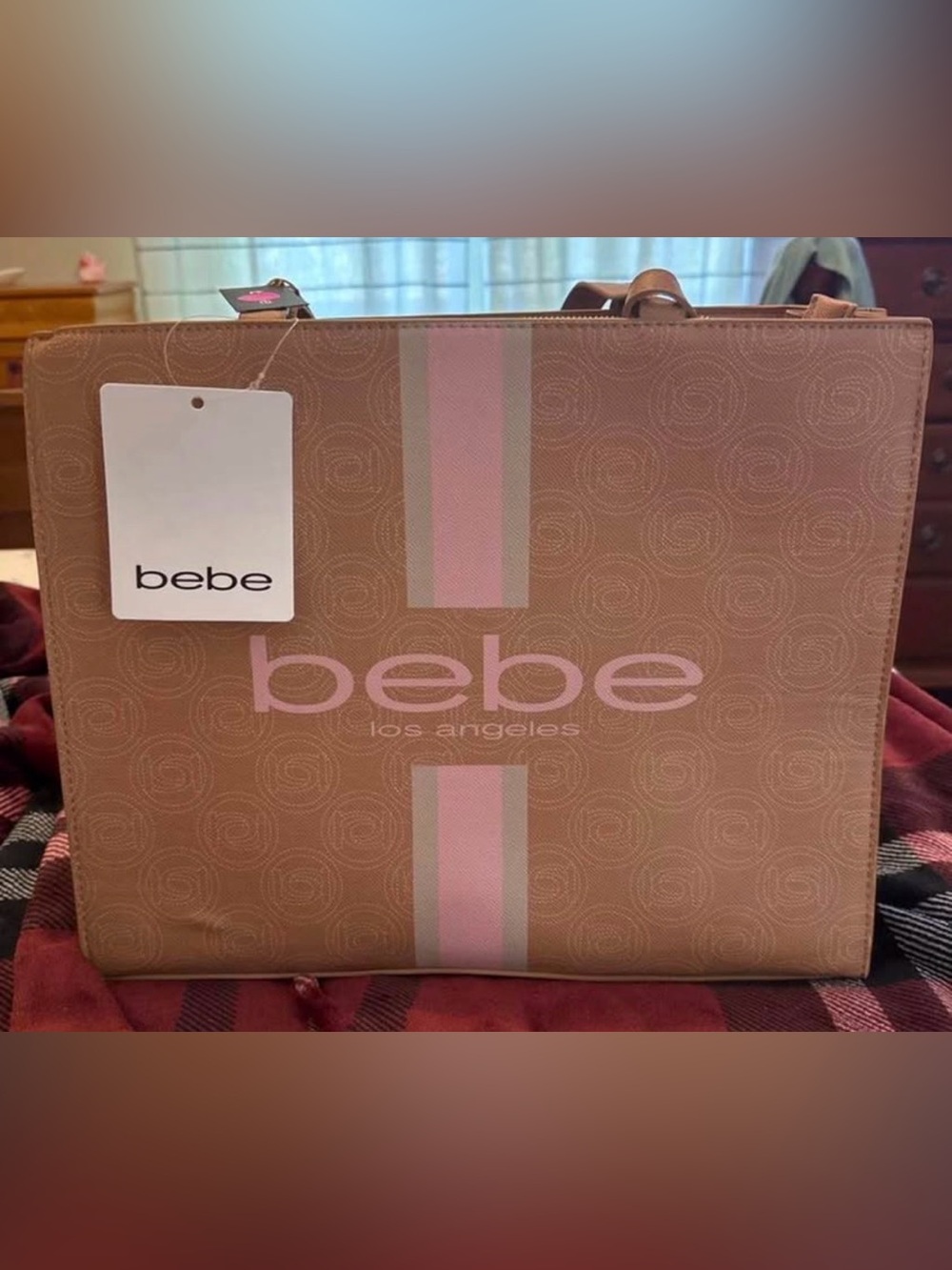bebe Pink and Tan Logo Stripe Tote with Matching Pouch